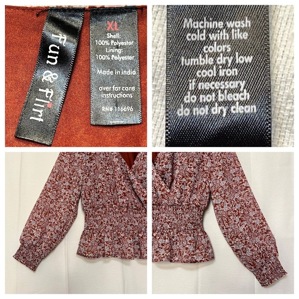 Fun & Flirt Floral Smocked Peplum Blouse XL V-Neck Long Sleeve Red & White - Picture 11 of 16
